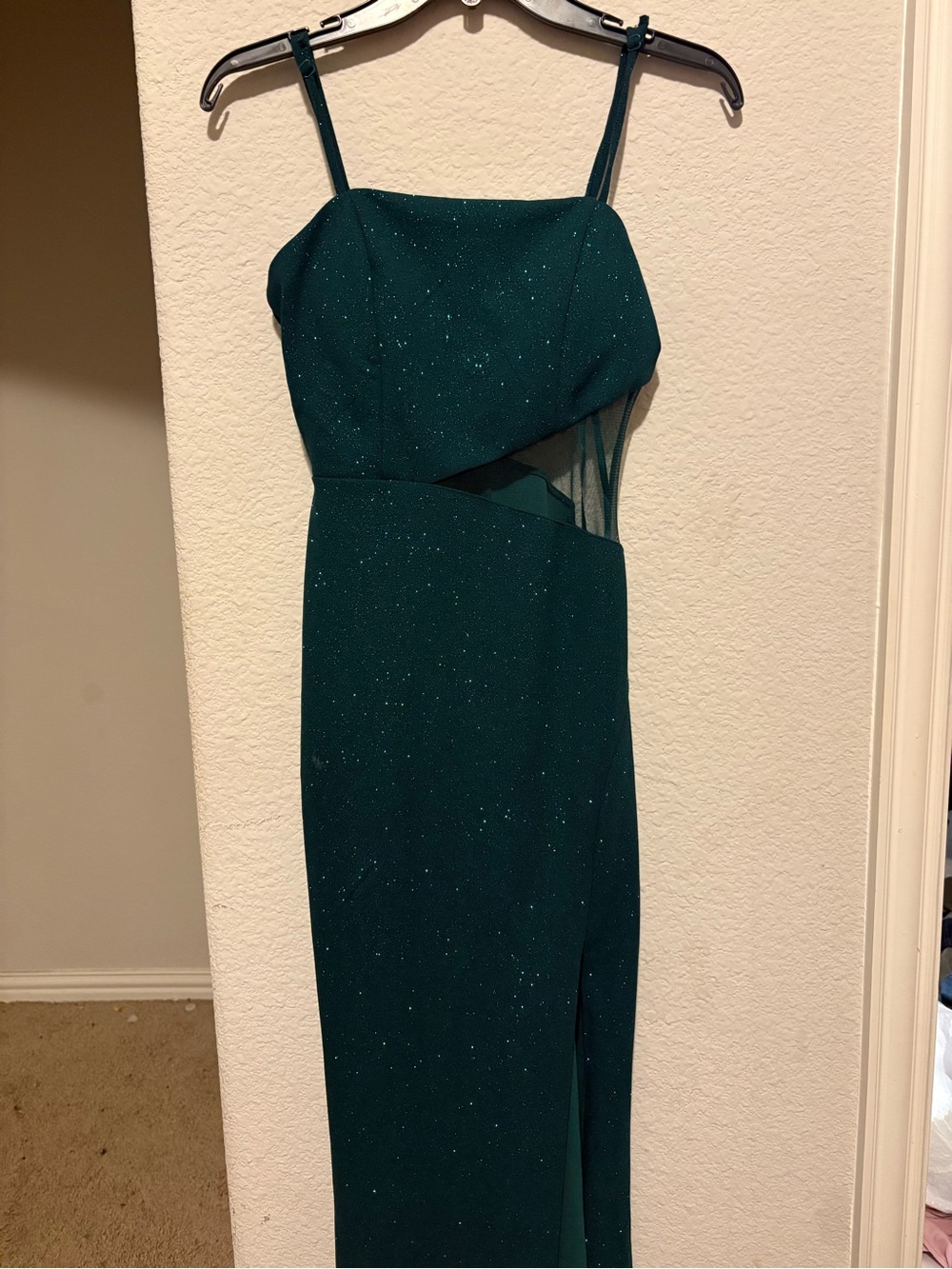 Emerald Green Sparkle Evening Dress with Sheer Side Panel